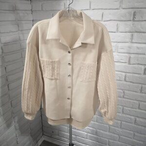 Size Medium Ladies Beige Button Closure Straight Fit Jacket with Knit Sleeves